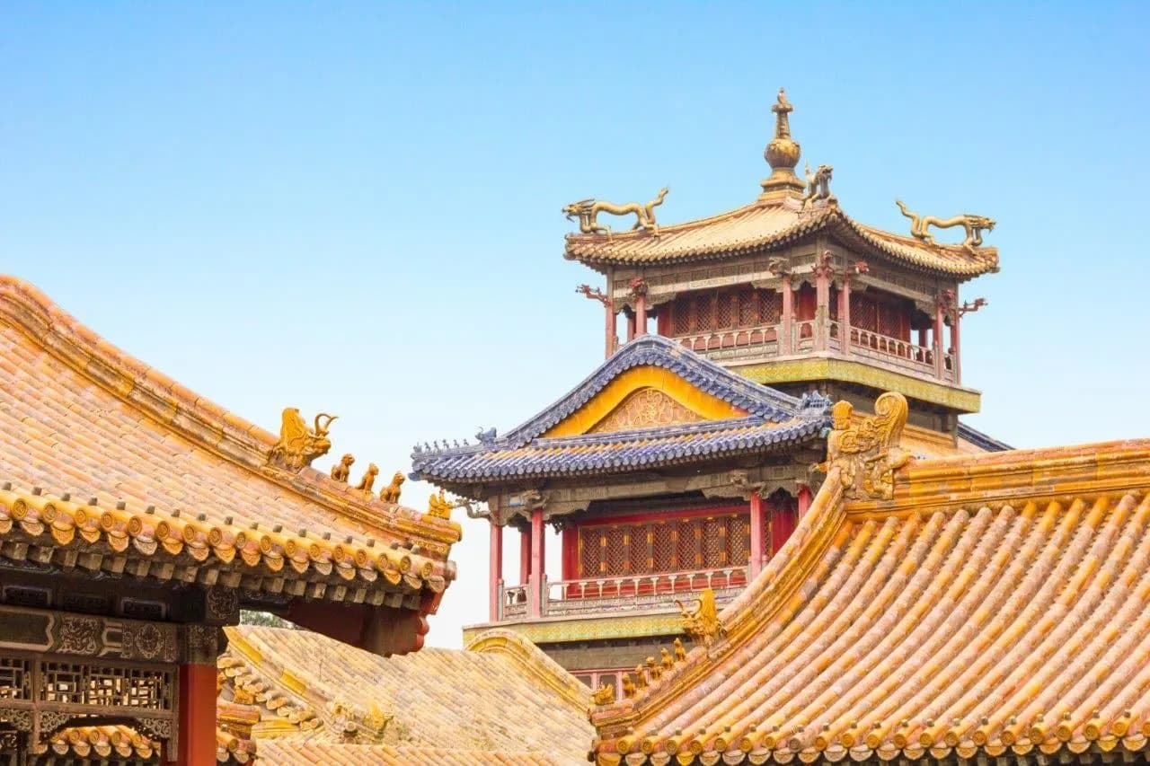 Golden tiled roofs and a pavilion inside the Forbidden City