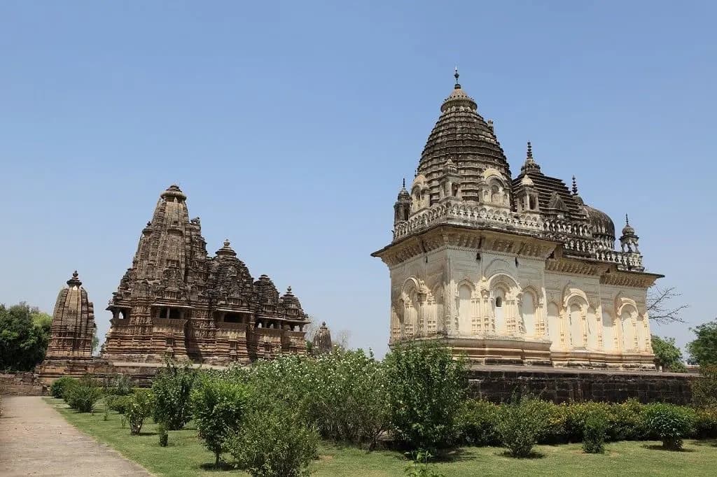 Khajuraho temples set among gardens and lawns