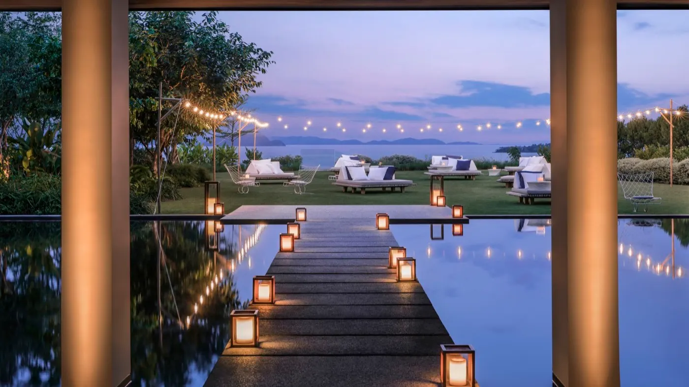 Lantern-lit walkway at dusk