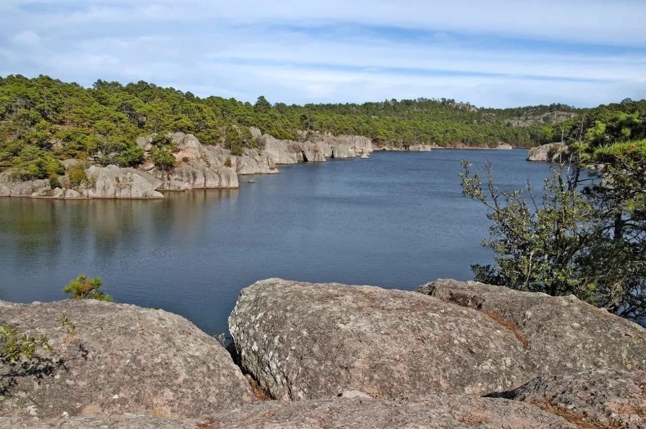 Lake Arareco ringed by pine forest and smooth granite boulders
