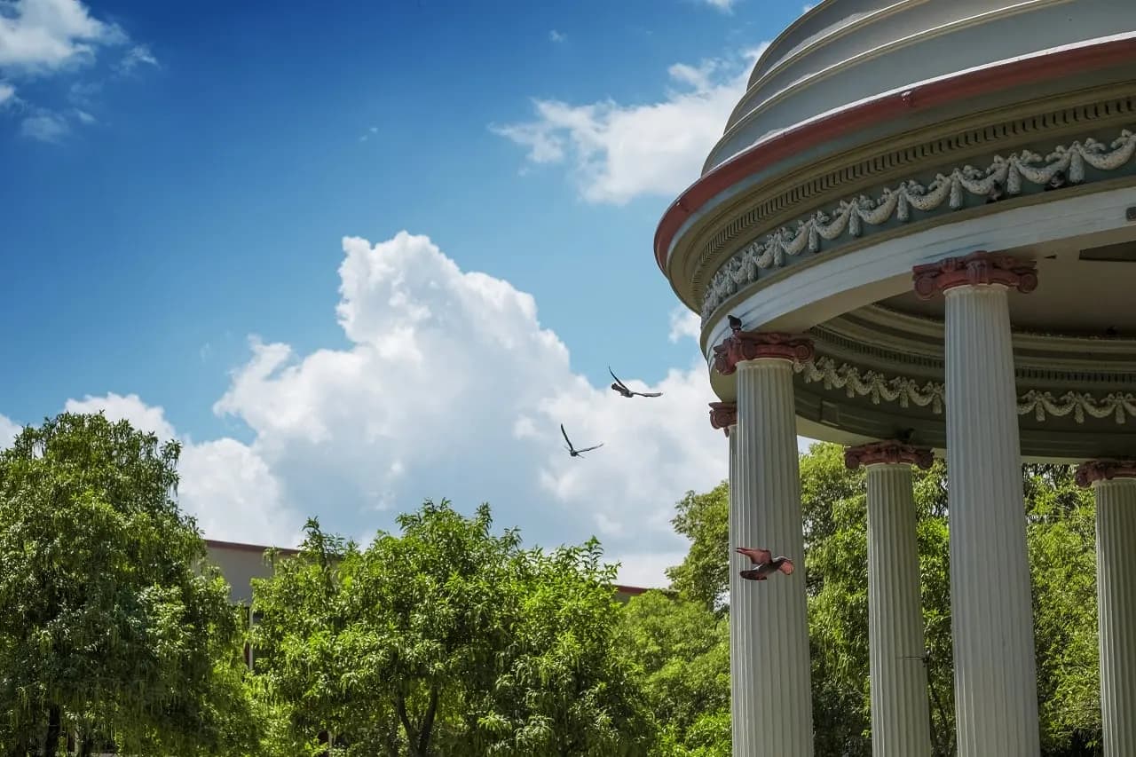 A white domed pavilion with columns among trees in a city park