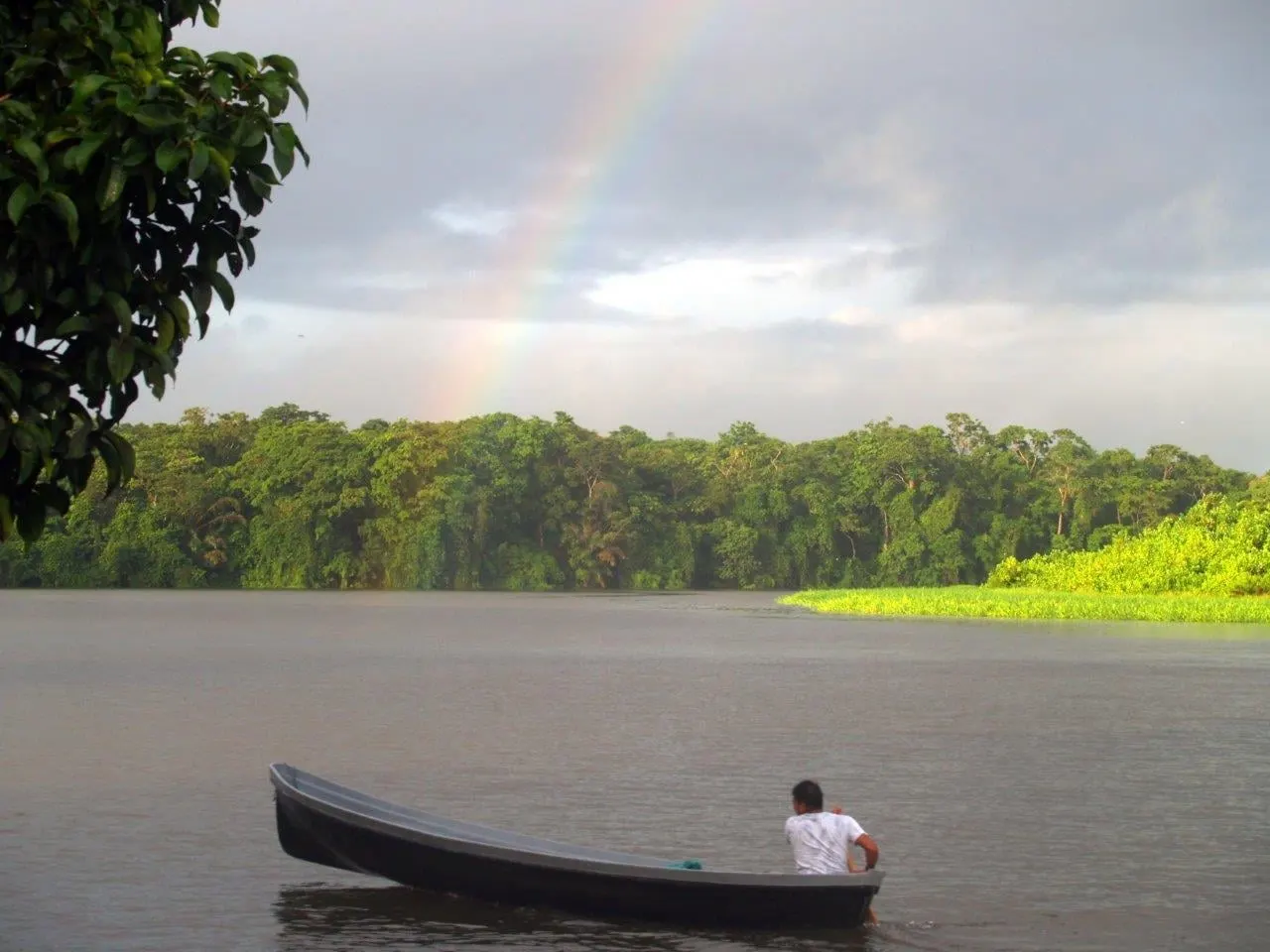 A wooden canoe on a wide lagoon below a rainbow and rainforest