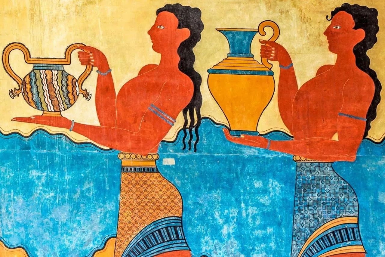 A Minoan fresco of two figures carrying painted vessels
