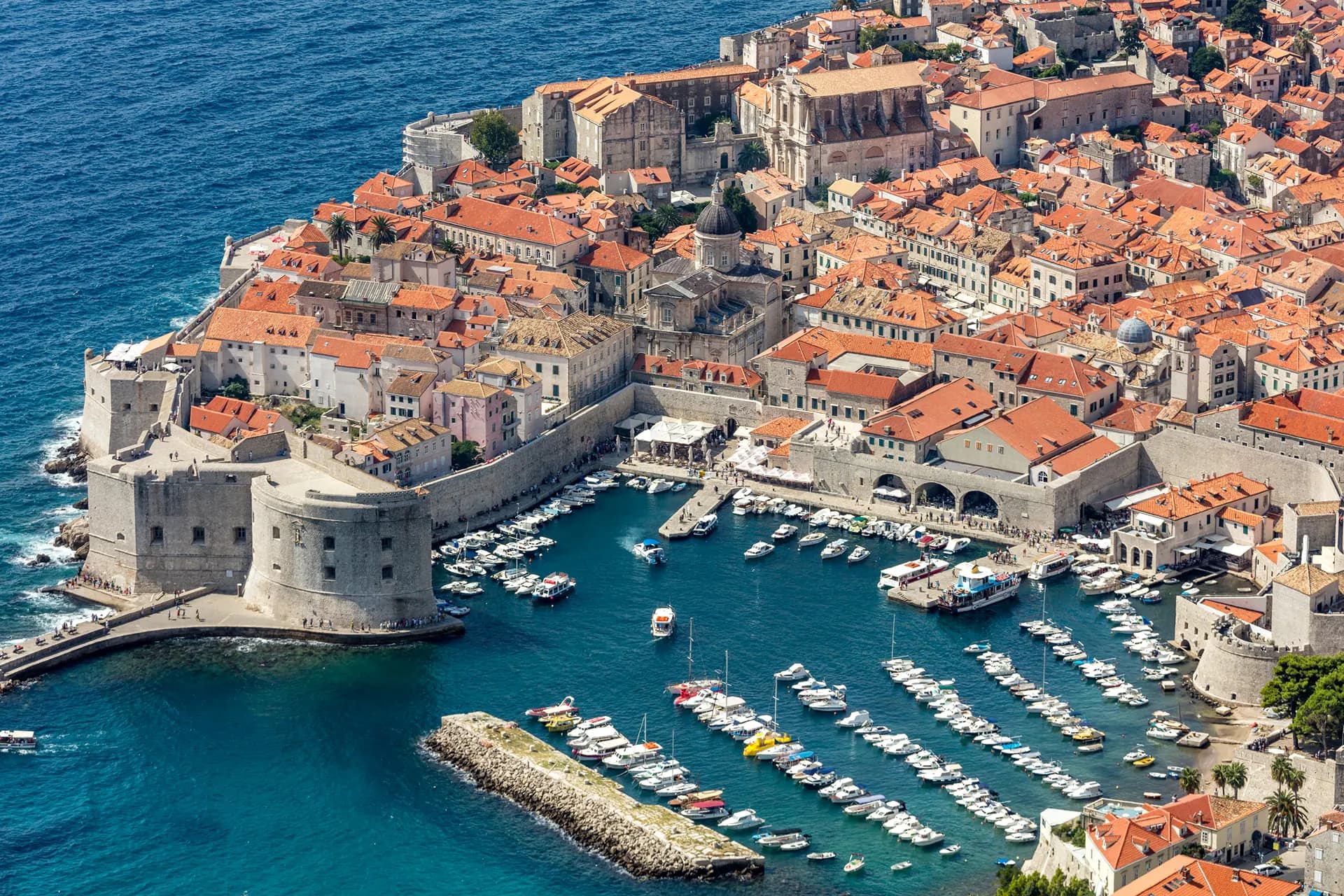 Dubrovnik's walled old town and harbour seen from above