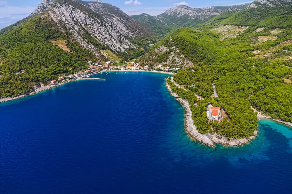 Pine-covered hills dropping to a deep blue bay on the Dalmatian coast