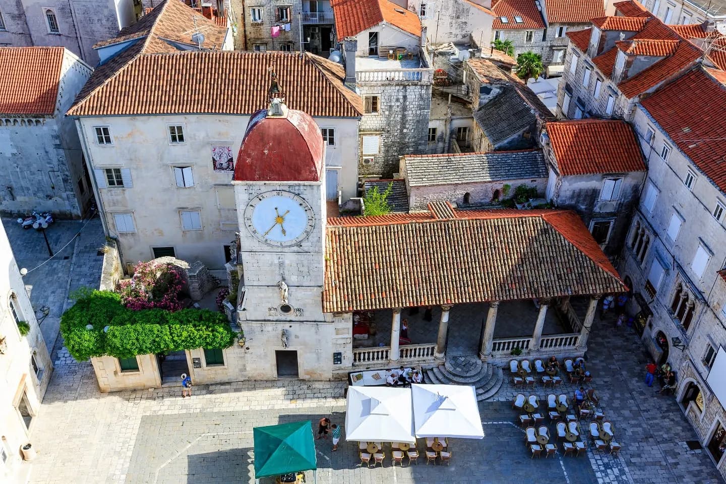 Trogir's main square and clock tower seen from above