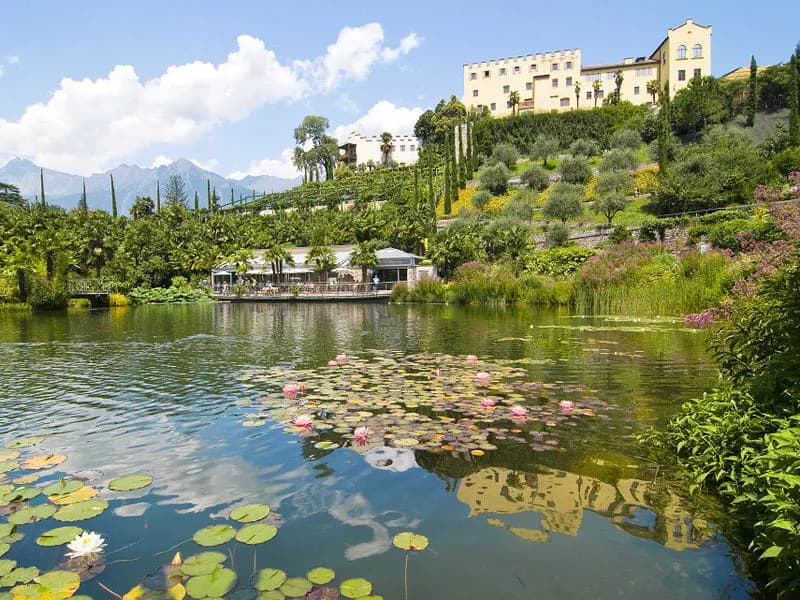 A lily pond in the gardens of Trauttmansdorff Castle near Merano, with the castle on the hill