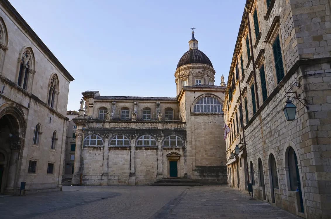 The domed cathedral and stone square in Dubrovnik's old town