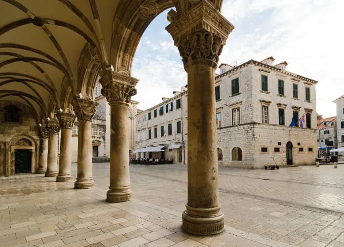 Carved columns of the Rector's Palace arcade in Dubrovnik
