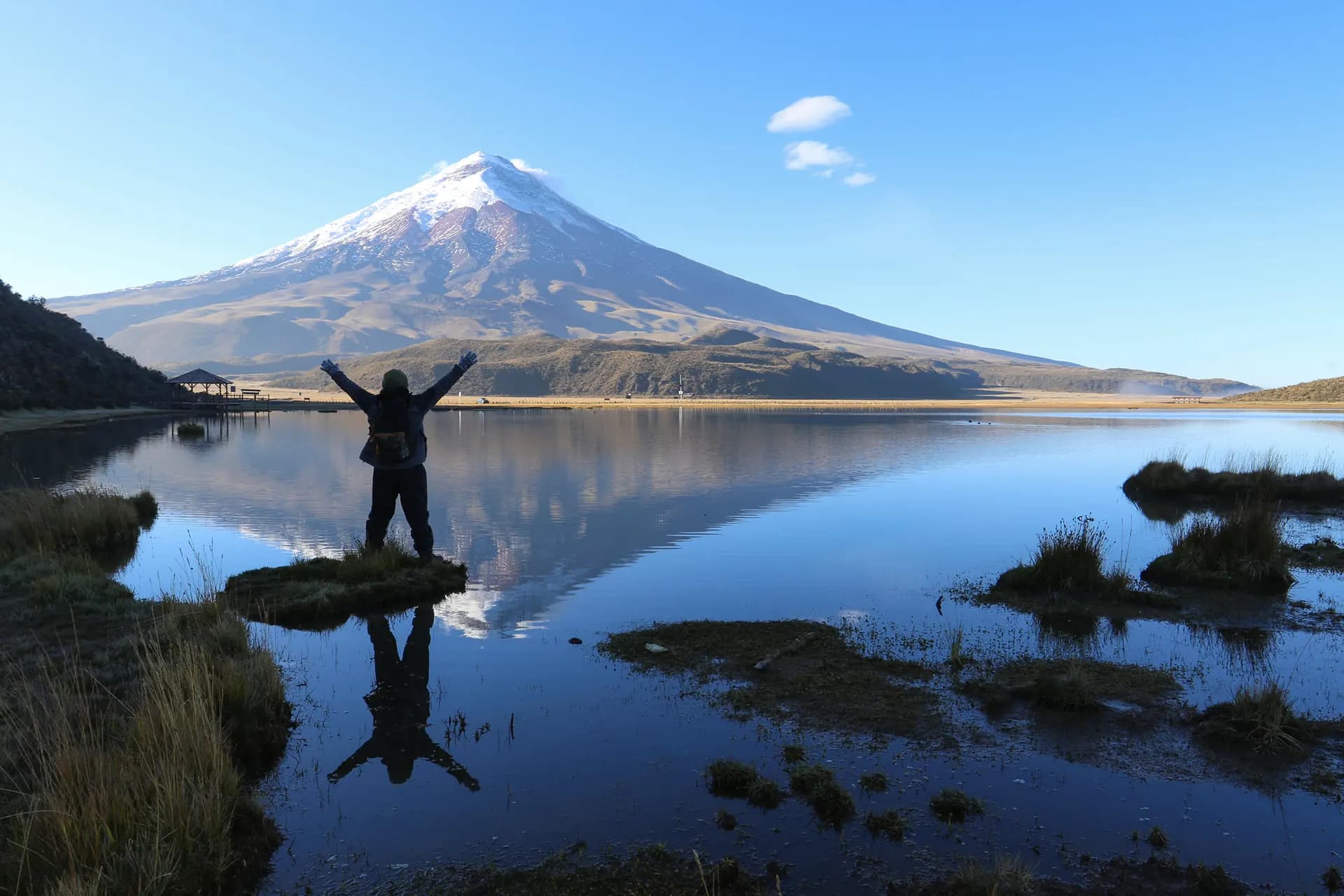 Cotopaxi volcano reflected in Limpiopungo Lagoon