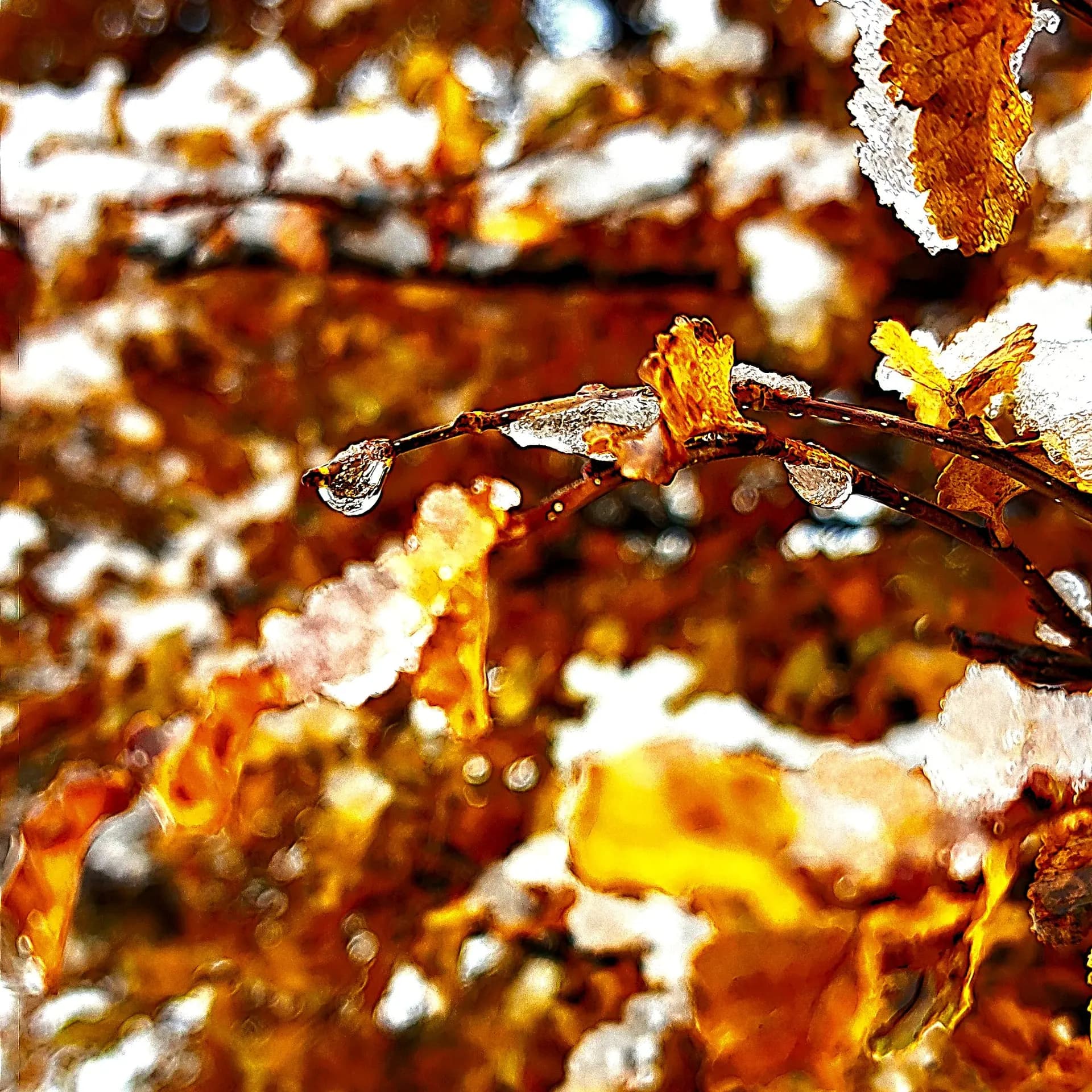 Golden autumn leaves edged with frost and ice
