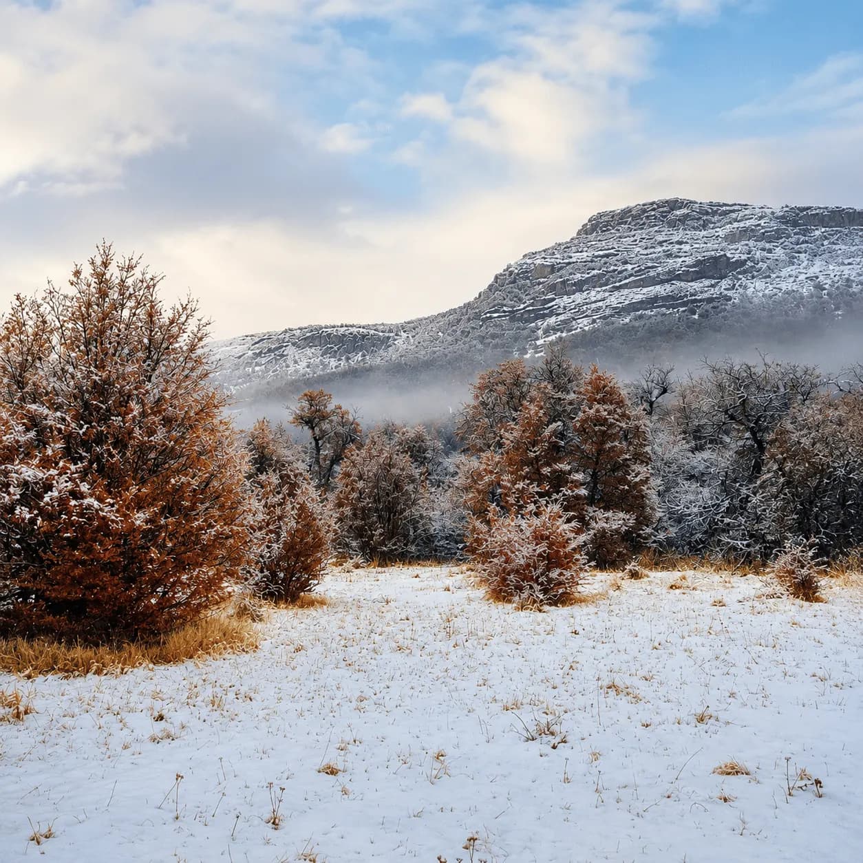 Autumn trees and a mountain ridge after fresh snow