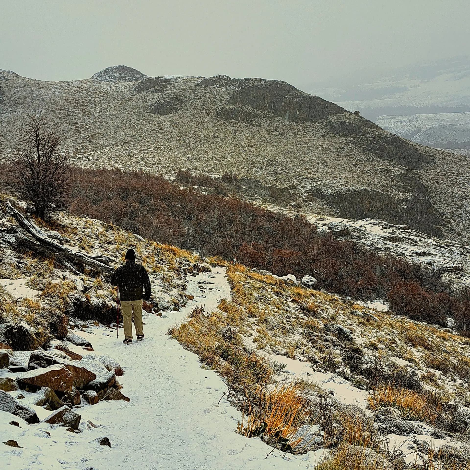 A walker on a snowy trail climbing through hills
