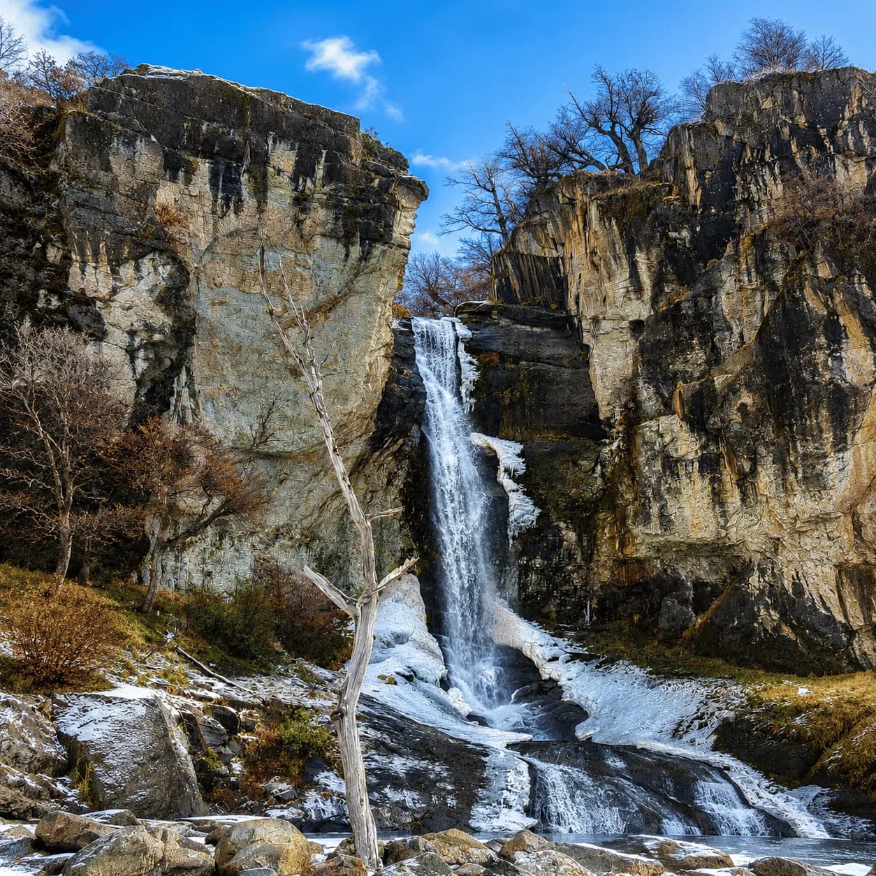 A waterfall dropping between tall rock walls, with ice at its base