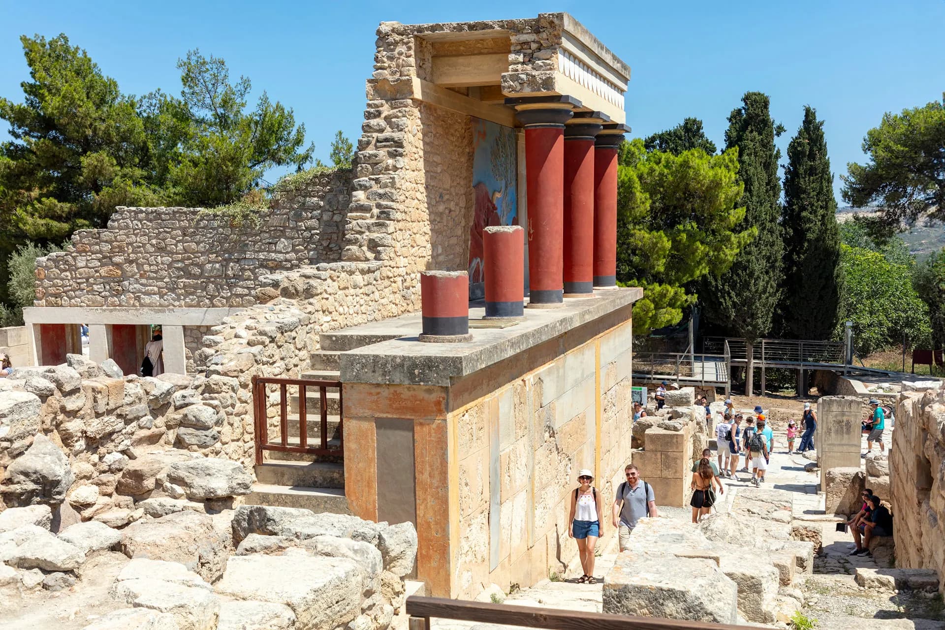 Restored red columns at the Palace of Knossos