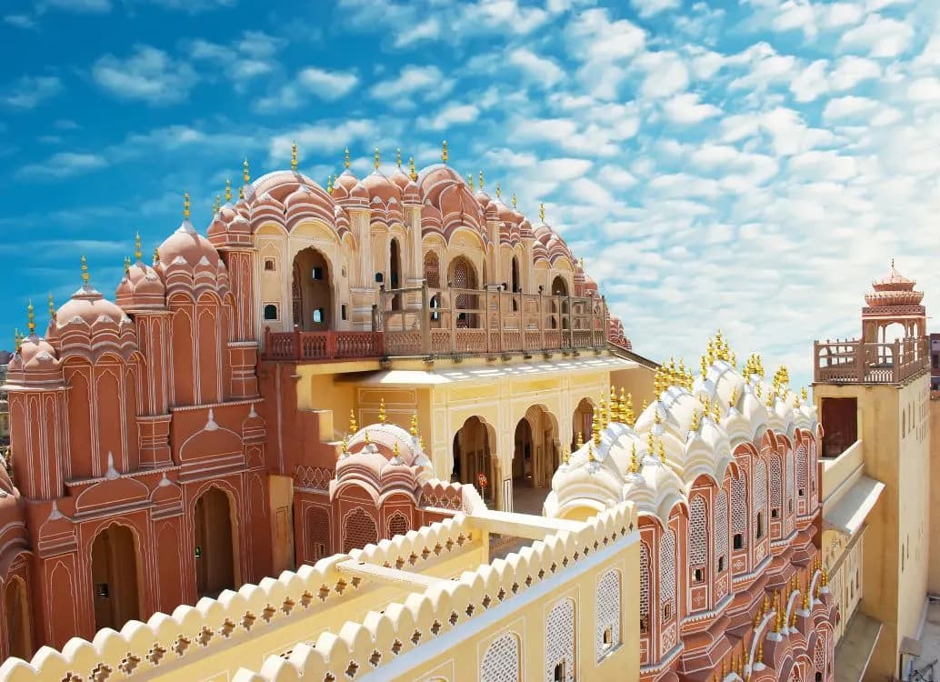 The pink domes and latticed windows of the Hawa Mahal in Jaipur