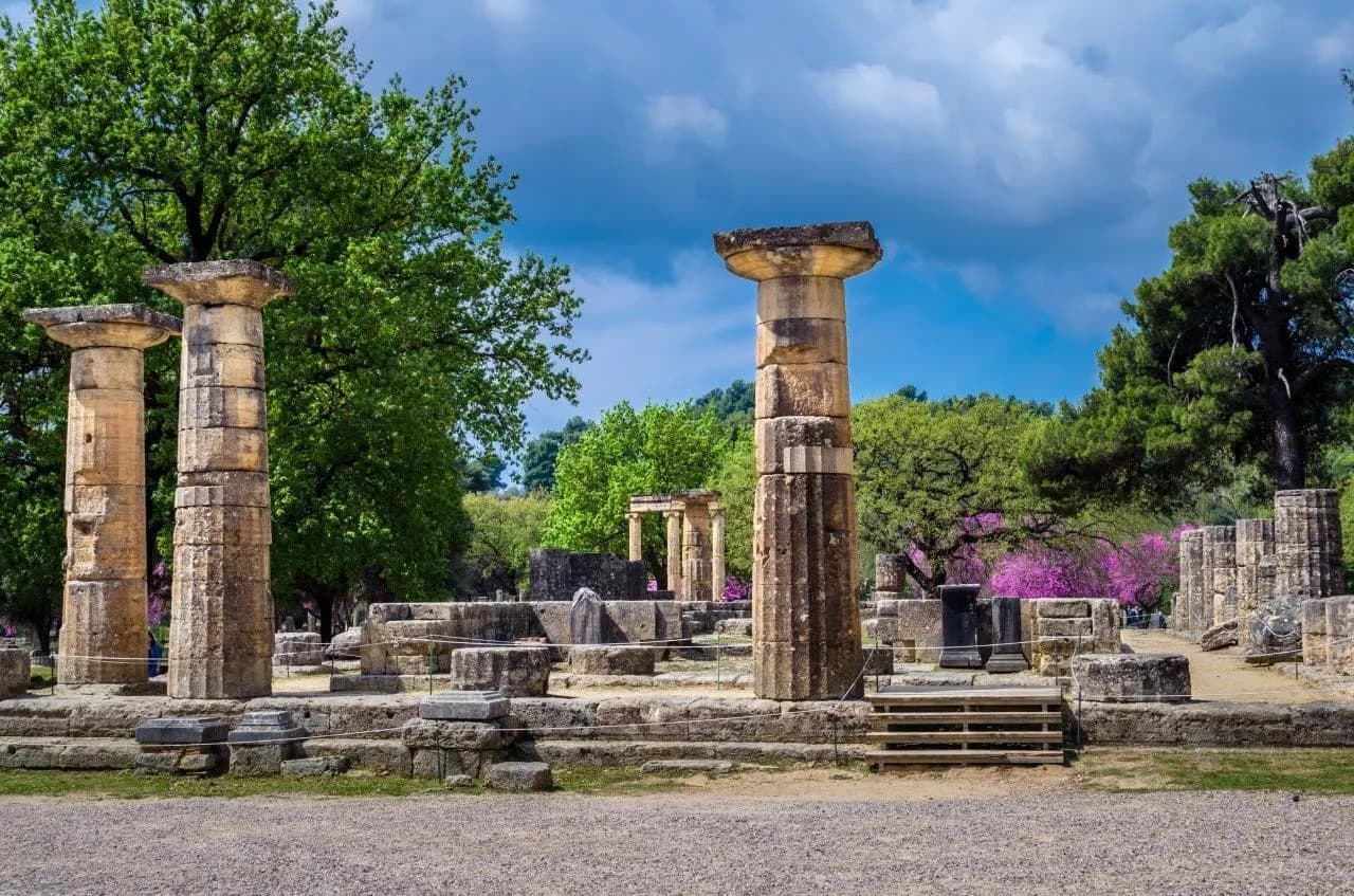 Standing columns of a temple at ancient Olympia