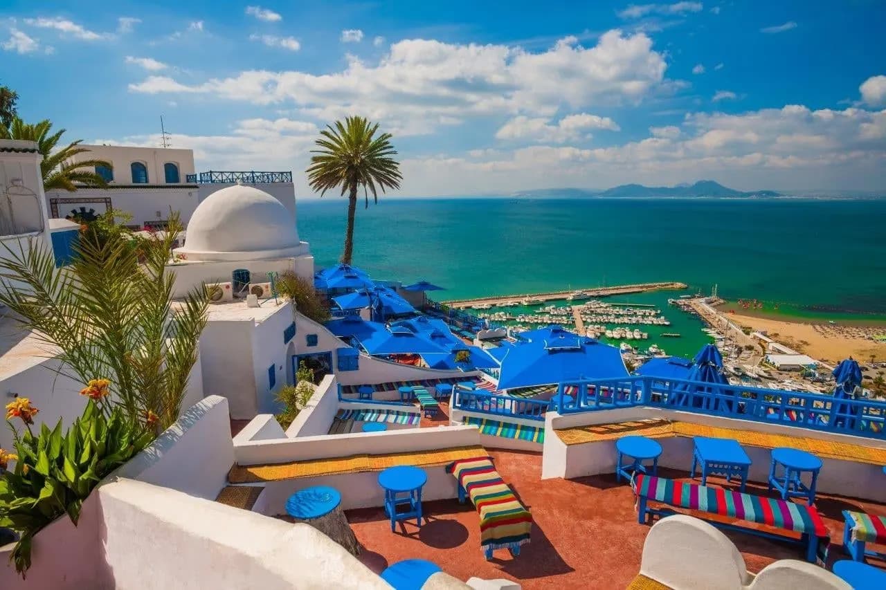 A blue and white cafe terrace above the marina and bay at Sidi Bou Said