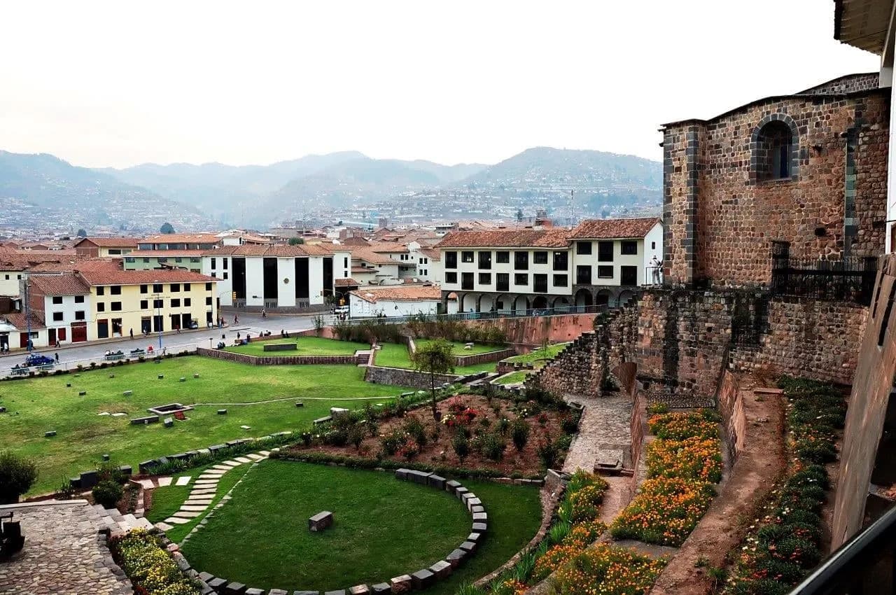 The gardens below Coricancha with the rooftops of Cusco beyond