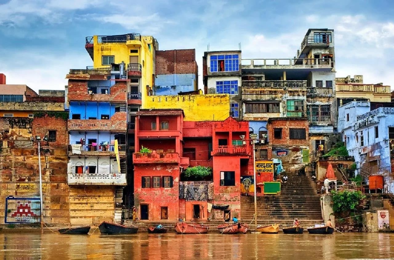 Brightly painted houses above the ghats of Varanasi