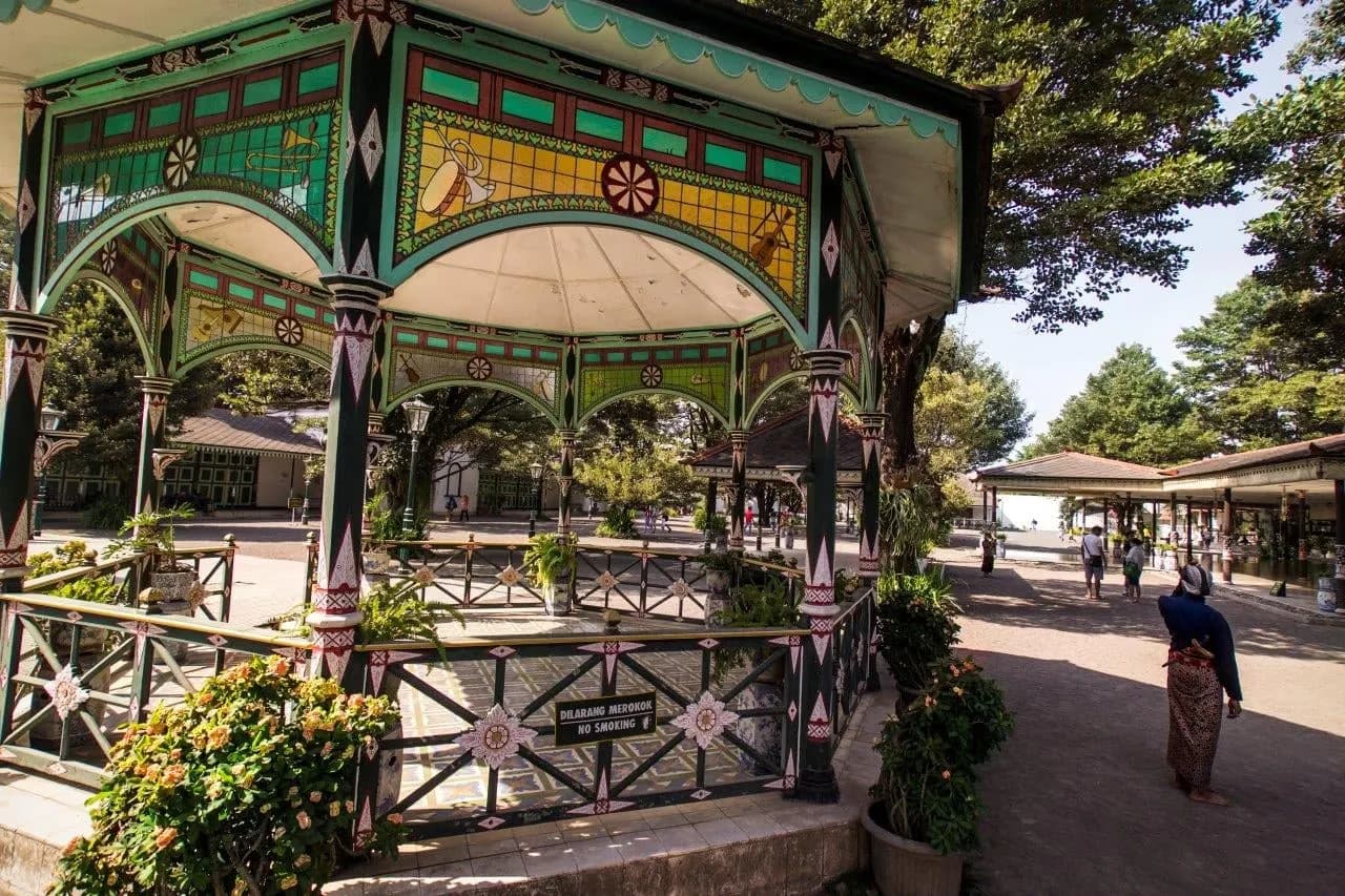 A painted green and gold pavilion in the grounds of the Sultan's Palace, Yogyakarta