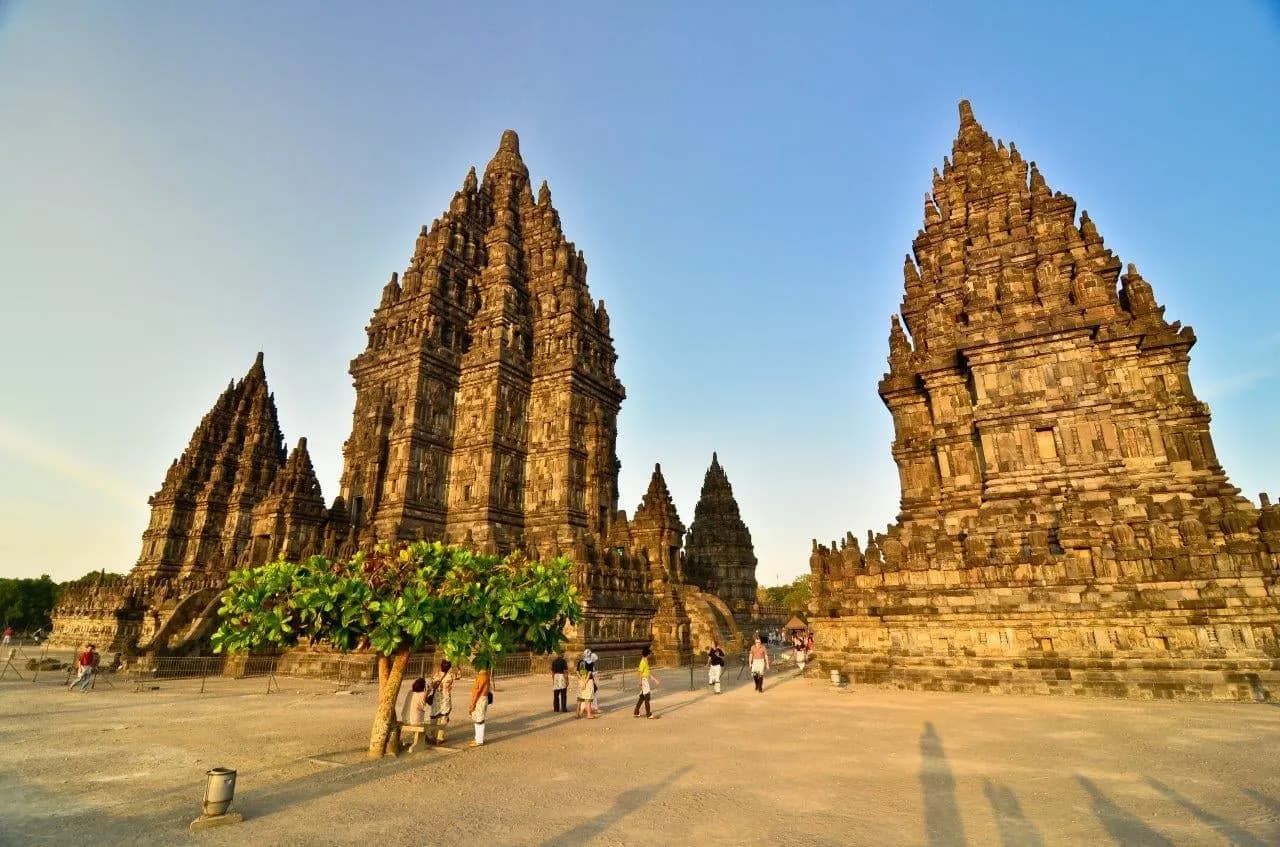 The carved spires of Prambanan in late afternoon light