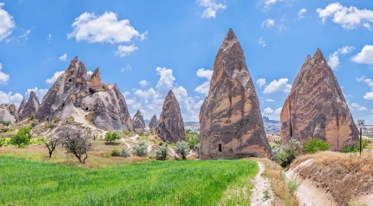 Tall rock chimneys rising from green fields in Cappadocia