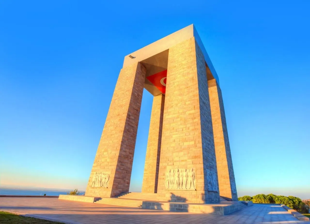 The tall stone Canakkale Martyrs' Memorial on the Gallipoli peninsula