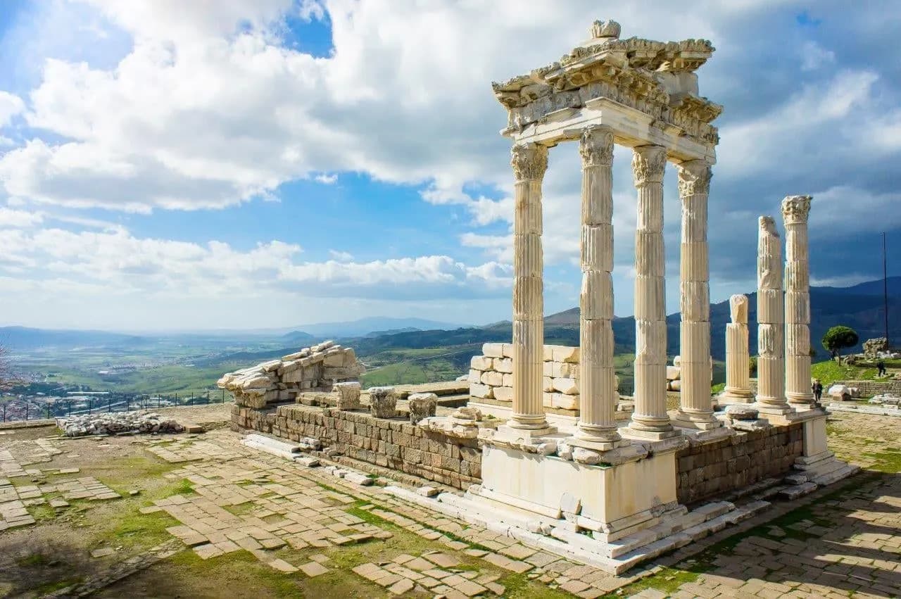 Marble columns of a Roman temple on the hilltop acropolis of Pergamon