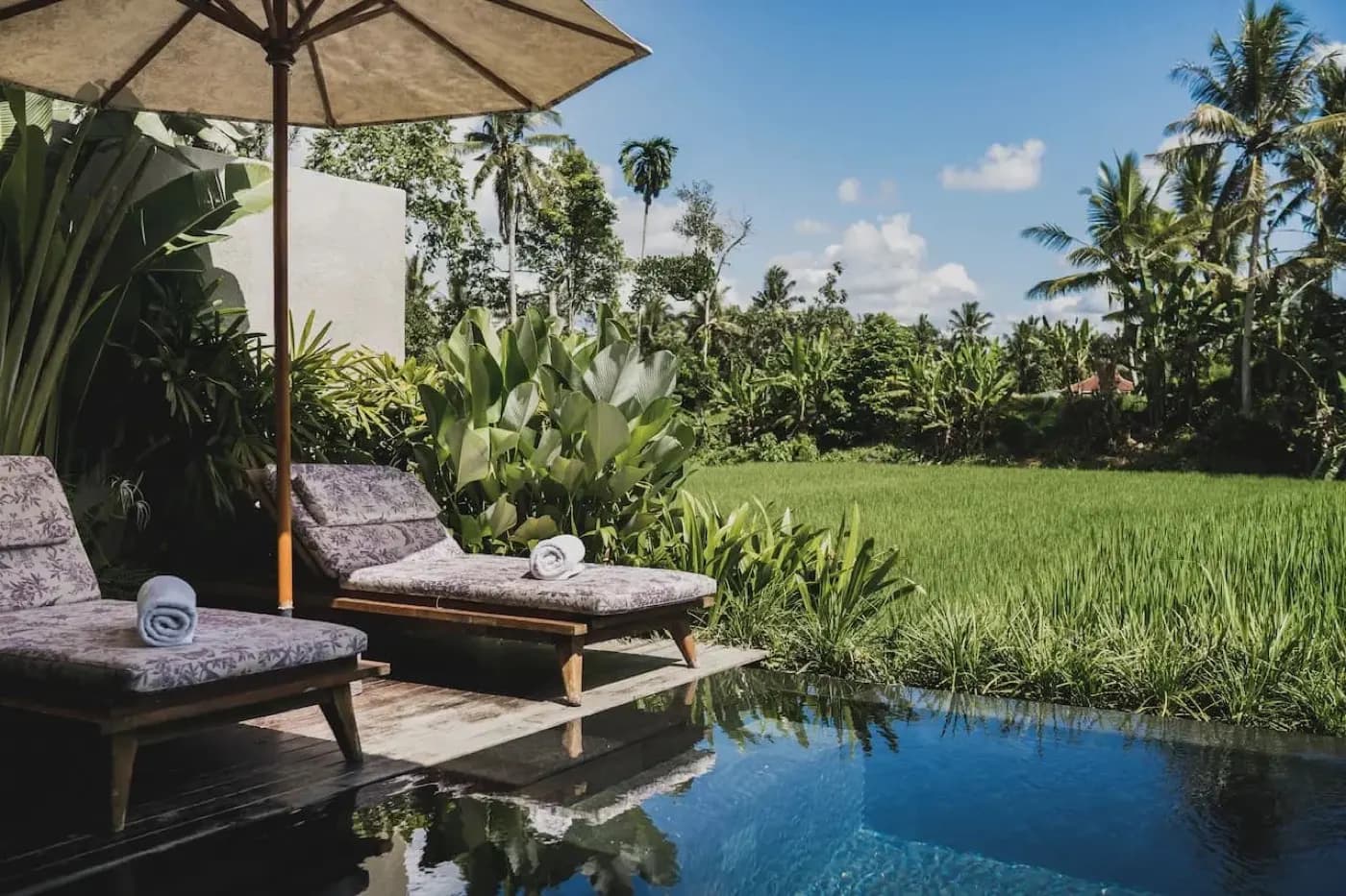 Private pool by rice fields