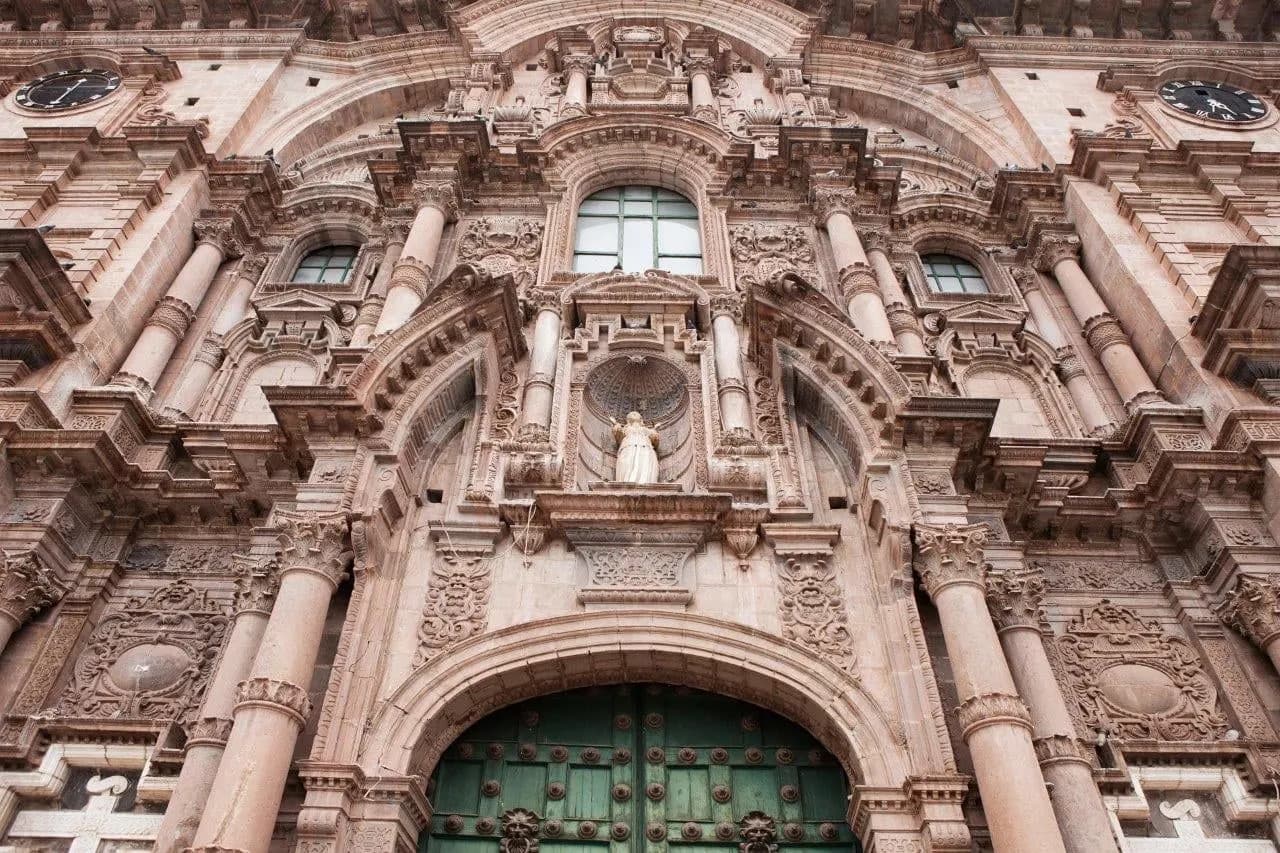The carved stone facade of a baroque colonial church