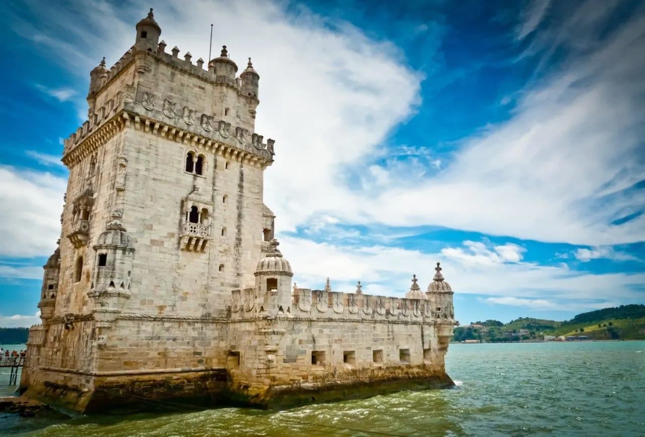 The carved stone Belém Tower on the Tagus River in Lisbon