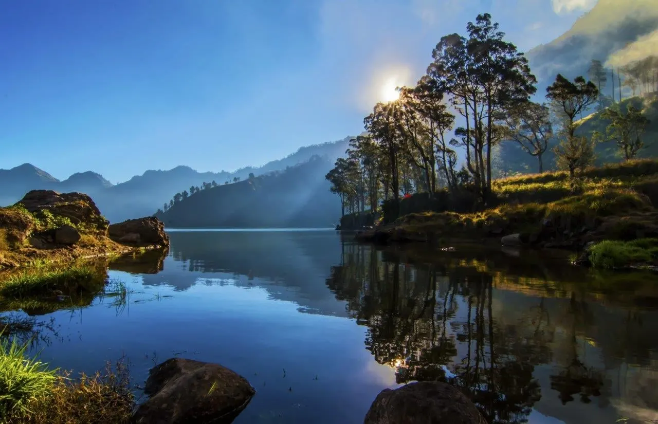 Sun rising over pine trees and a still mountain lake