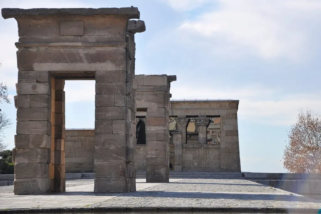 The stone gateways of the ancient Egyptian Temple of Debod in Madrid