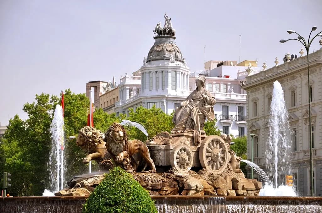The Cibeles fountain with its chariot and lions in central Madrid