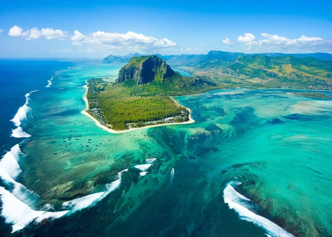 Le Morne peninsula and its reef lagoon from the air, in the south-west of Mauritius
