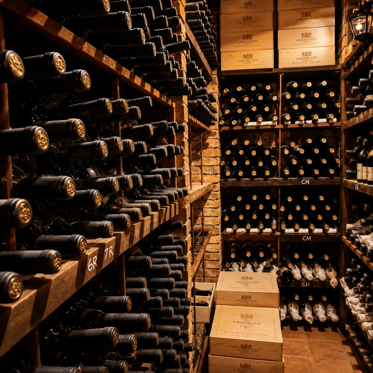 Wine bottles stacked in wooden racks in a cellar