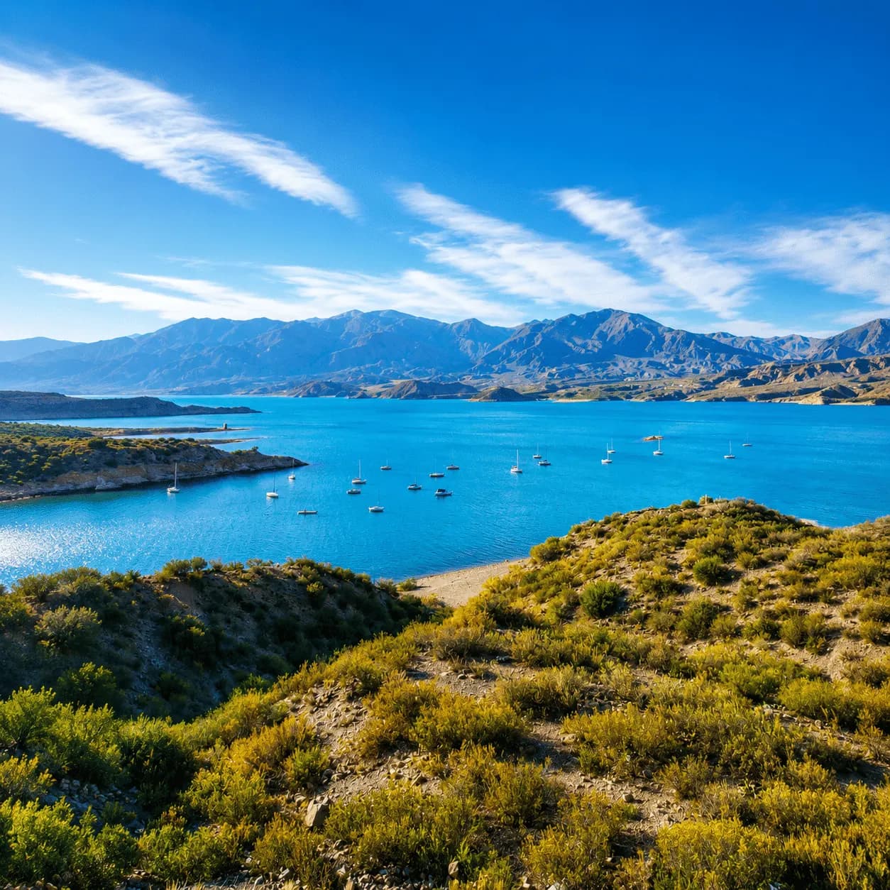 A blue mountain lake dotted with sailing boats, ringed by dry hills