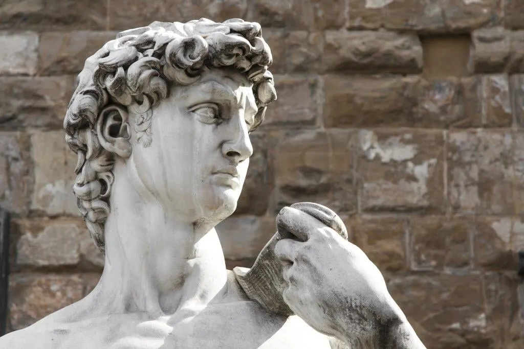 The head and shoulders of a marble statue of Michelangelo's David against a stone wall
