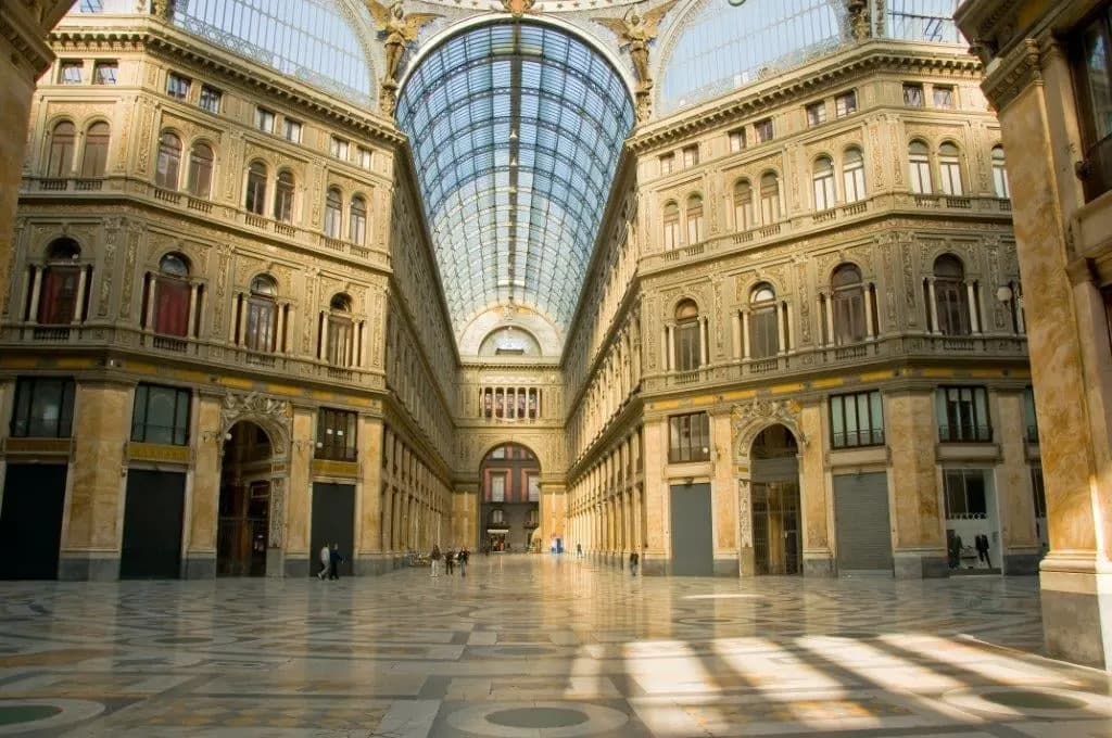 The glass and iron roof over the marble floor of the Galleria Umberto I