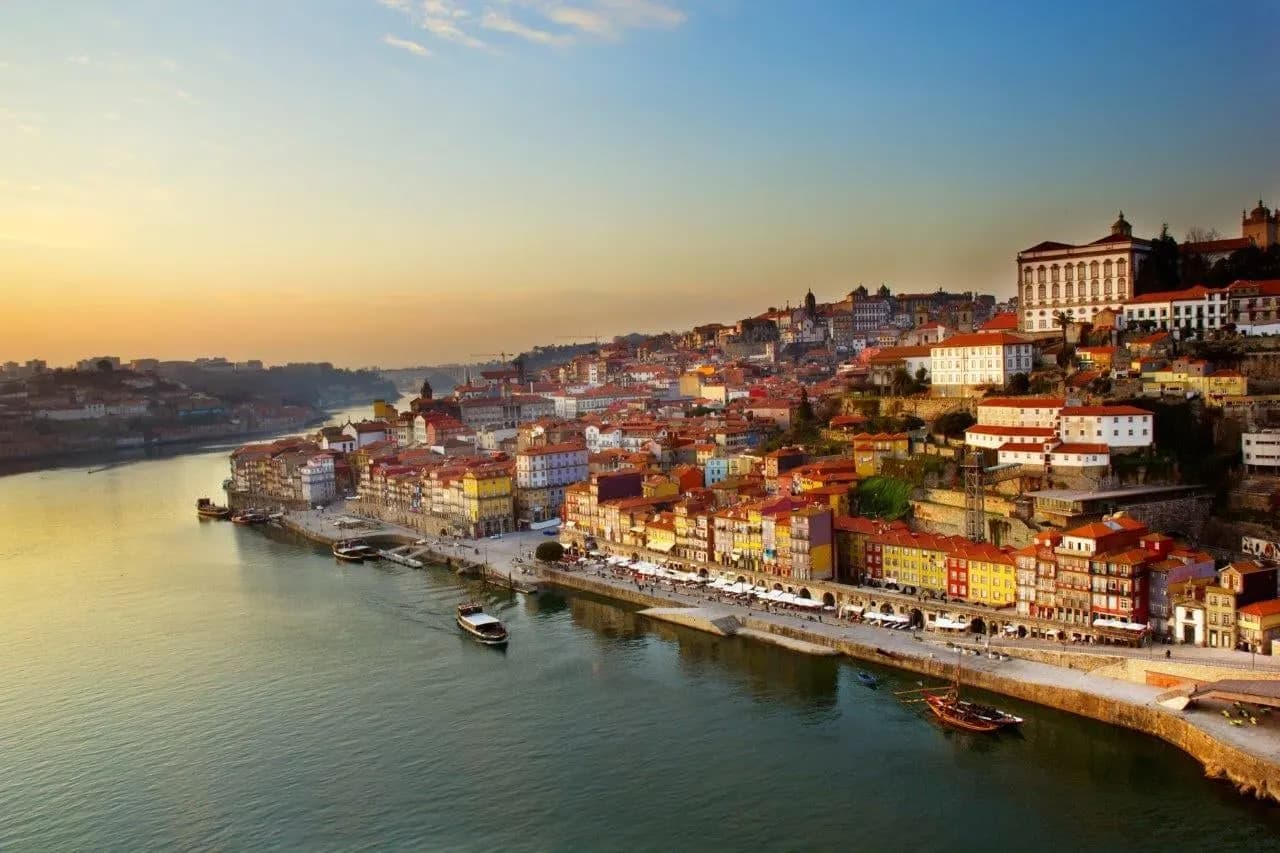 The Ribeira riverfront of Porto on the Douro at sunset
