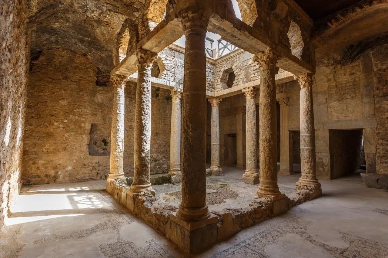 A columned courtyard inside an underground Roman house