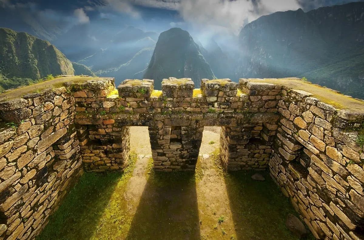 Inca stone windows at Machu Picchu facing the mountains