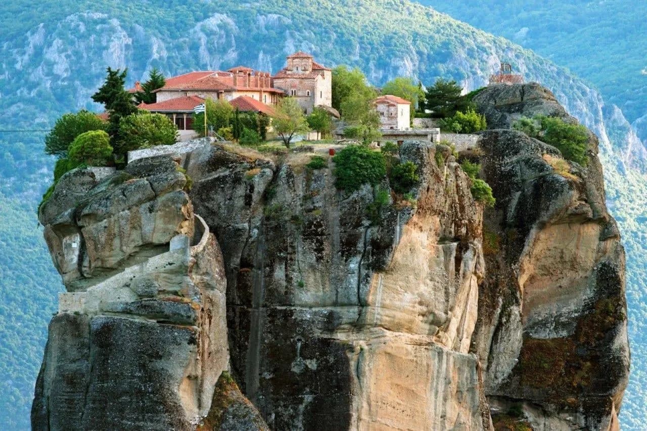 A monastery on top of a sheer rock tower at Meteora