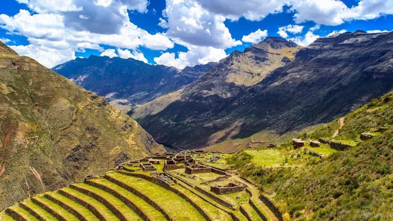 Inca farming terraces on a green slope in the Sacred Valley