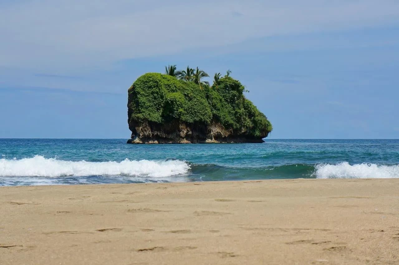 A small forested rock islet off a sandy beach with breaking waves