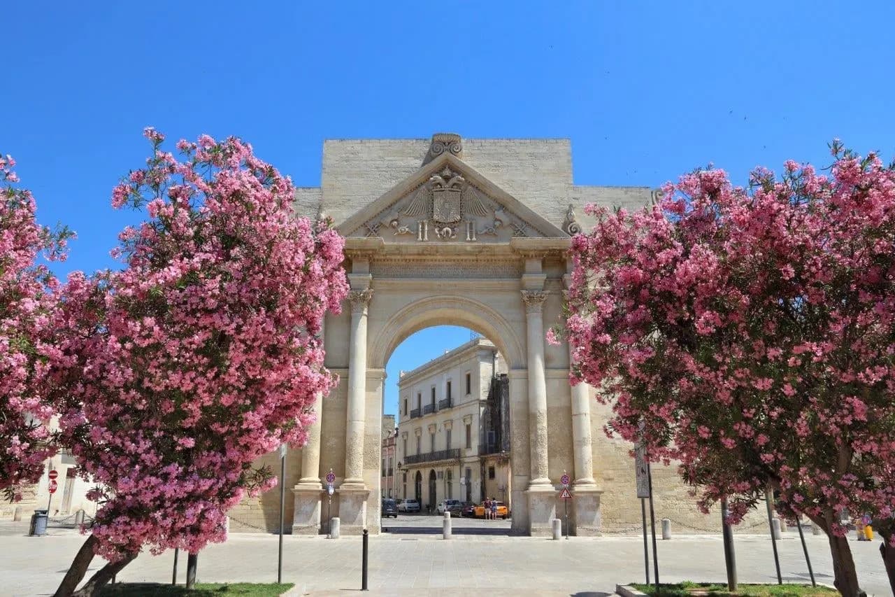A triumphal stone gate framed by flowering pink oleanders in Lecce
