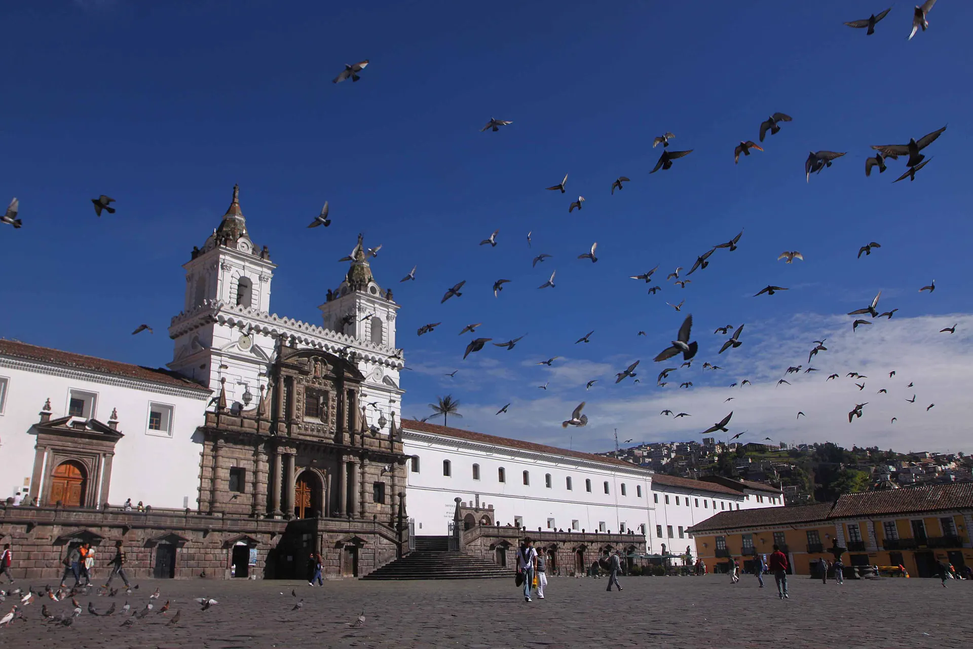 A white church with twin bell towers and birds in flight over the plaza