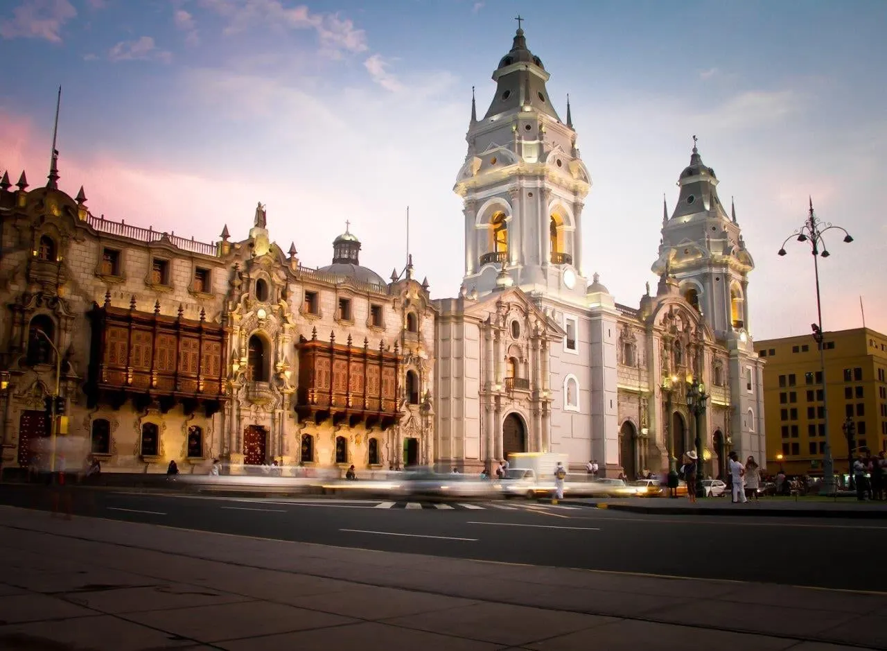 Lima Cathedral and the Archbishop's Palace at dusk
