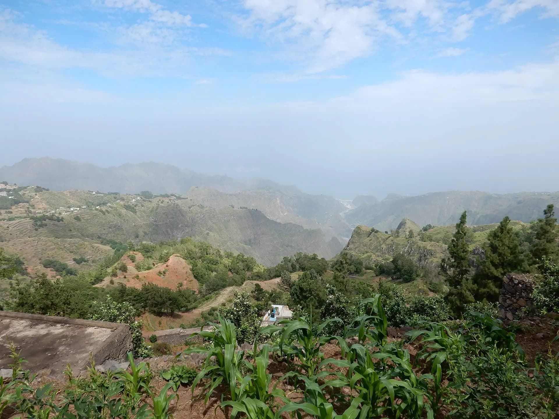 Farmed hillsides and trees rolling down to a misty valley